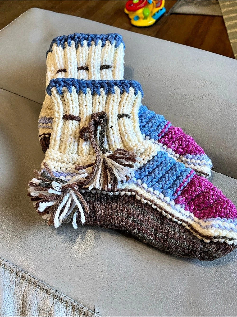 Hand-Knit Color Block Slippers in Blue & Brown
